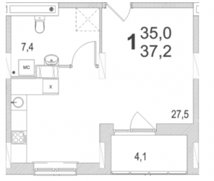 Планировка однокомнатной квартиры площадью 37,20 квадратных метров в ЖК МОСКОВСКИЙ по улице Павшинский мост в городе Туле
