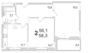 Планировка двухкомнатной квартиры площадью 58,30 квадратных метров в ЖК МОСКОВСКИЙ по улице Павшинский мост в городе Туле