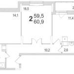 Планировка двухкомнатной квартиры площадью 60,90 квадратных метров в ЖК МОСКОВСКИЙ по улице Павшинский мост в городе Туле