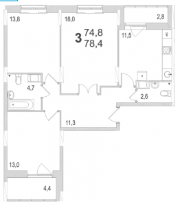 Планировка трехкомнатной квартиры площадью 78,40 квадратных метров в ЖК МОСКОВСКИЙ по улице Павшинский мост в городе Туле