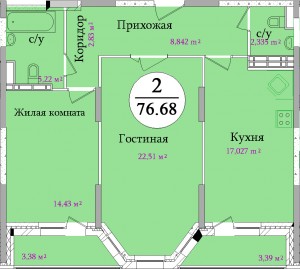 Планировка двухкомнатной квартиры площадью 76,68 м2 ЖК НА ПЕРВОМАЙСКОЙ по улице Первомайская в городе Туле