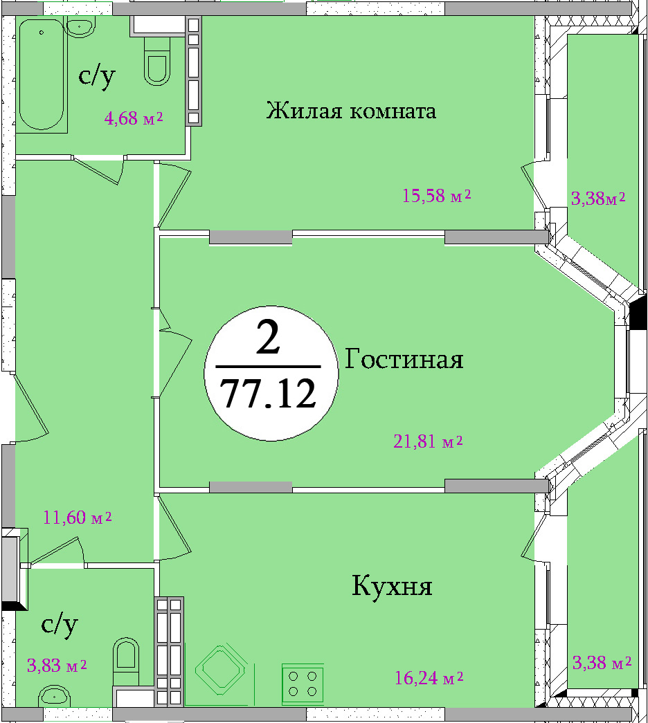 Планировка двухкомнатной квартиры площадью 77,12 м2 ЖК НА ПЕРВОМАЙСКОЙ по улице Первомайская в городе Туле