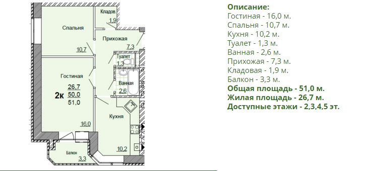Планировка двухкомнатной квартиры 51,00 м2. 2-ая планировка в жилом доме по улице Глинки 5