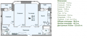 Планировка трехкомнатной квартиры 80,00 м2 в жилом доме по улице Глинки 5