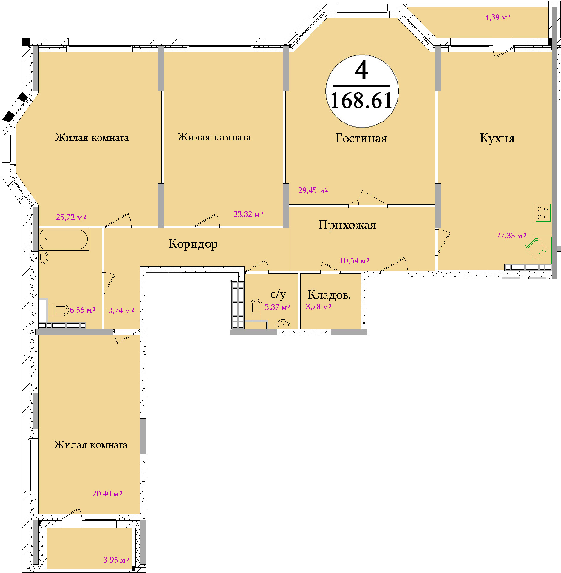 Планировка четырехкомнатной квартиры площадью 168,60 м2 ЖК НА ПЕРВОМАЙСКОЙ по улице Первомайская в городе Туле