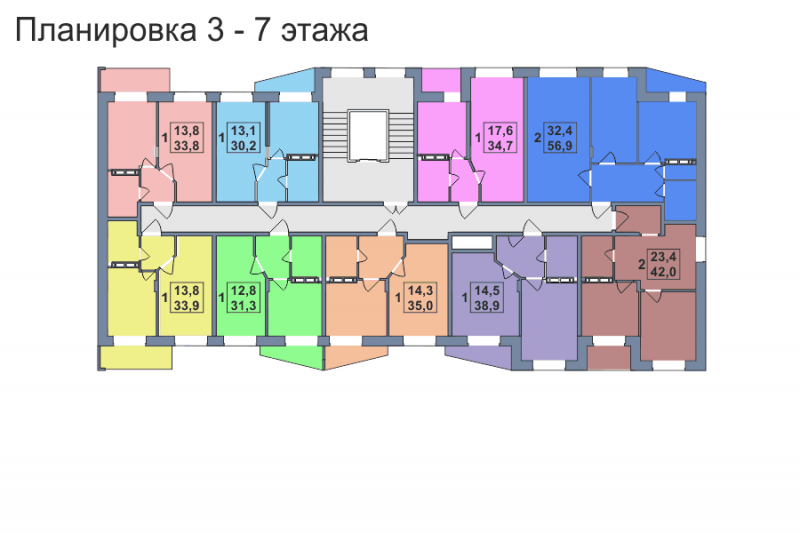 Планировка 3,4,5,6,7-го этажа 1-го дома ЖК Премьера по улице Октябрьская г. Тула