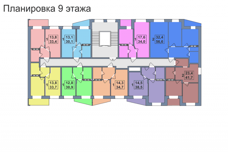 Планировка 9-го этажа 1-го дома ЖК Премьера по улице Октябрьская г. Тула