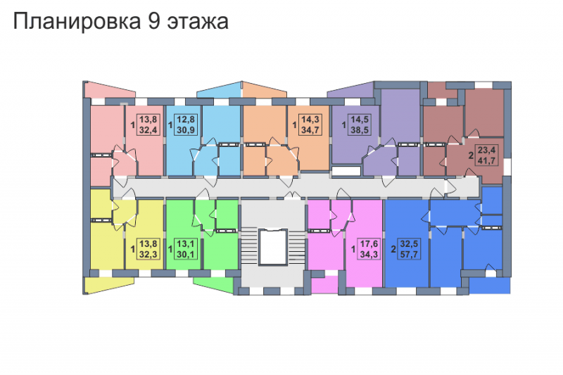 Планировка 9-го этажа 2-го дома ЖК Премьера по улице Октябрьская г. Тула